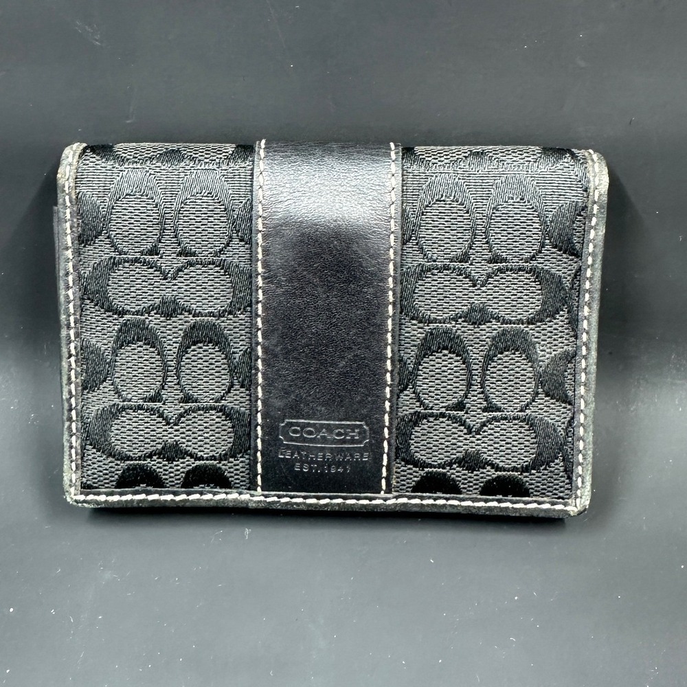 Coach Signature Canvas Card Case Wallet Womens Black Monogram Leather Trim